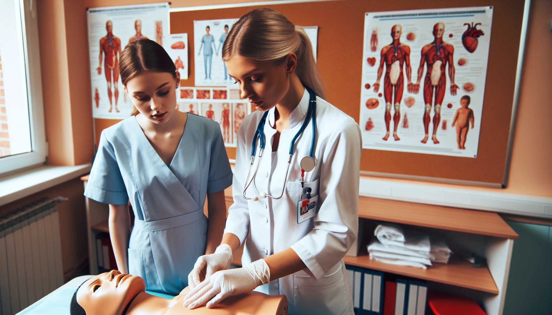 A nurse demonstrating a medical procedure to a student